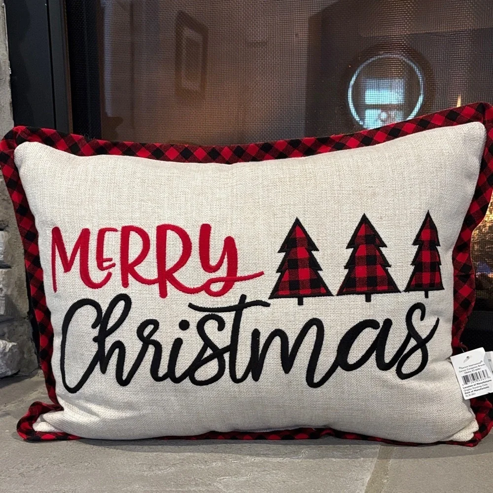 Merry Christmas Embroidered script, buffalo plaid Christmas trees/trim rectangle